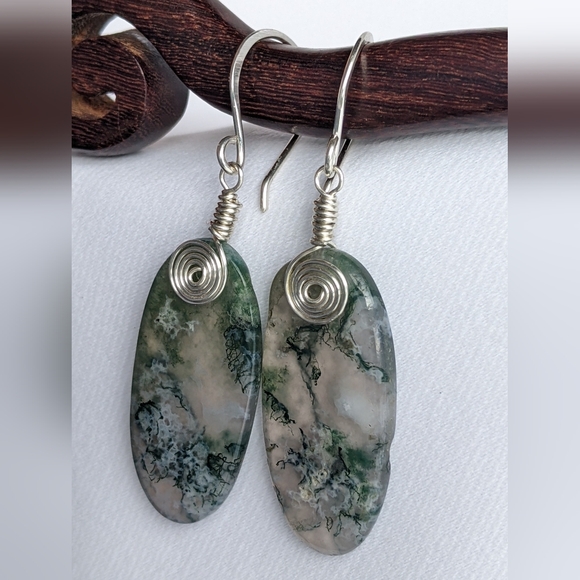 Sterling Silver Earrings Earthy Green Moss Agate Gems Bohemian Spiral Details - Picture 6 of 15